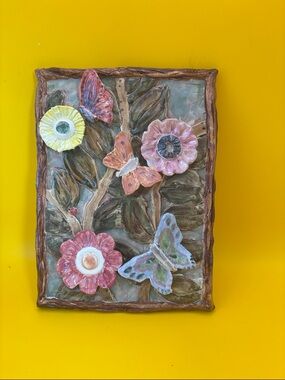 Handcrafted Floral & Butterfly Wall Art - Pink, Yellow, Blue